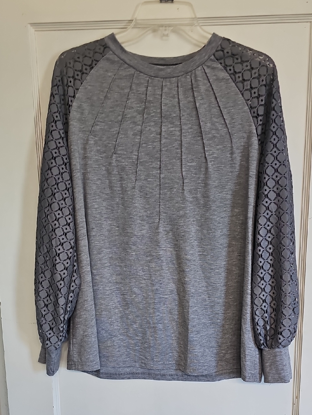 Gray Long Sleeve Top with Lace Raglan Sleeves